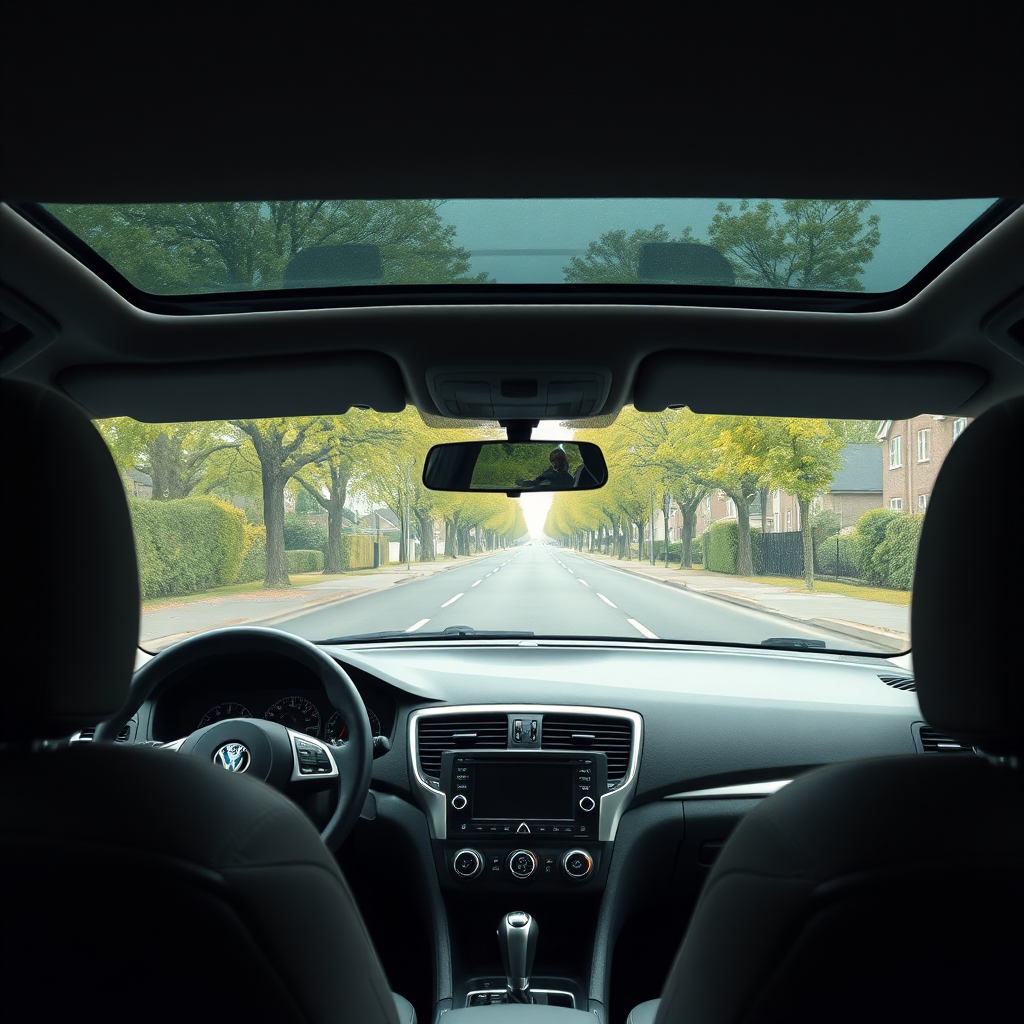 Interior view of a modern car during a driving lesson, showing the steering wheel and road ahead
